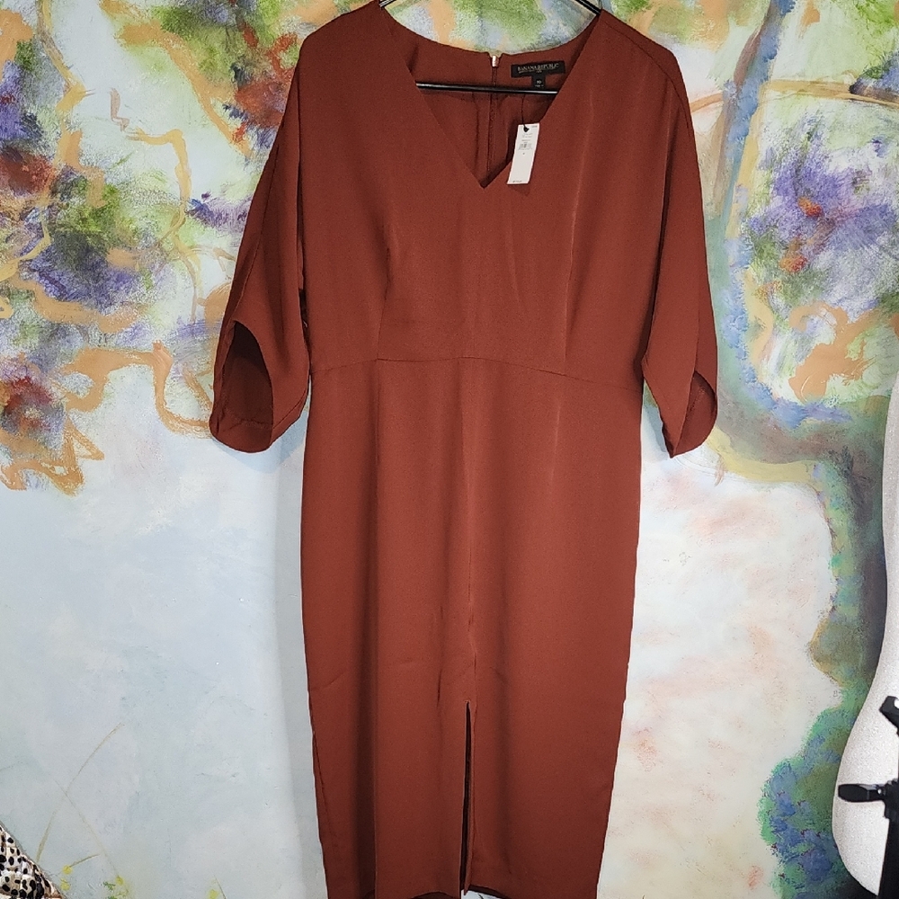 Banana Republic Rusty Red Brown Midi Dress with V-neck and Dolman Sleeves